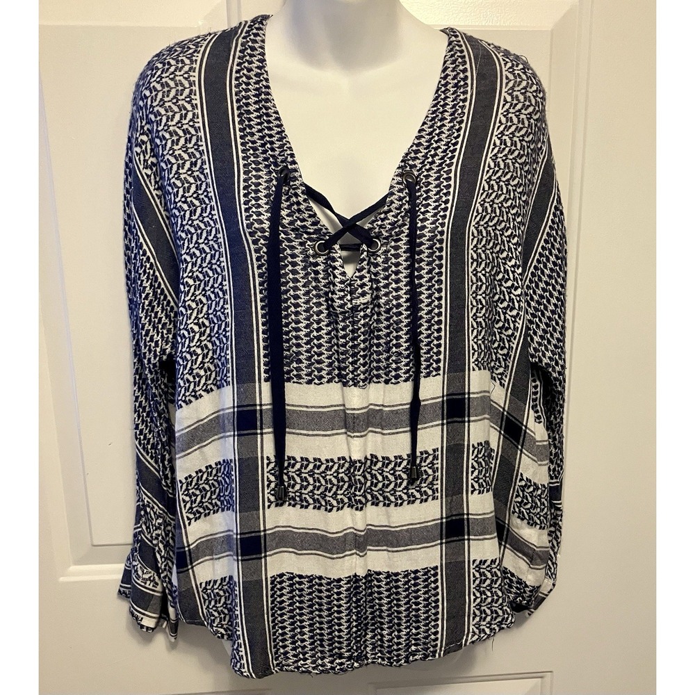 Rails Lily Sapphire XS Jacquard Long Sleeve Top Boho Hippie Blue White Women’s